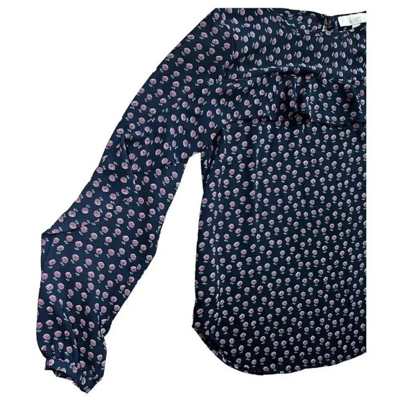 Ann Taylor Loft Womens Blouse Size XXS Navy Pink Floral Ruffle Long Sleeves - Picture 5 of 9